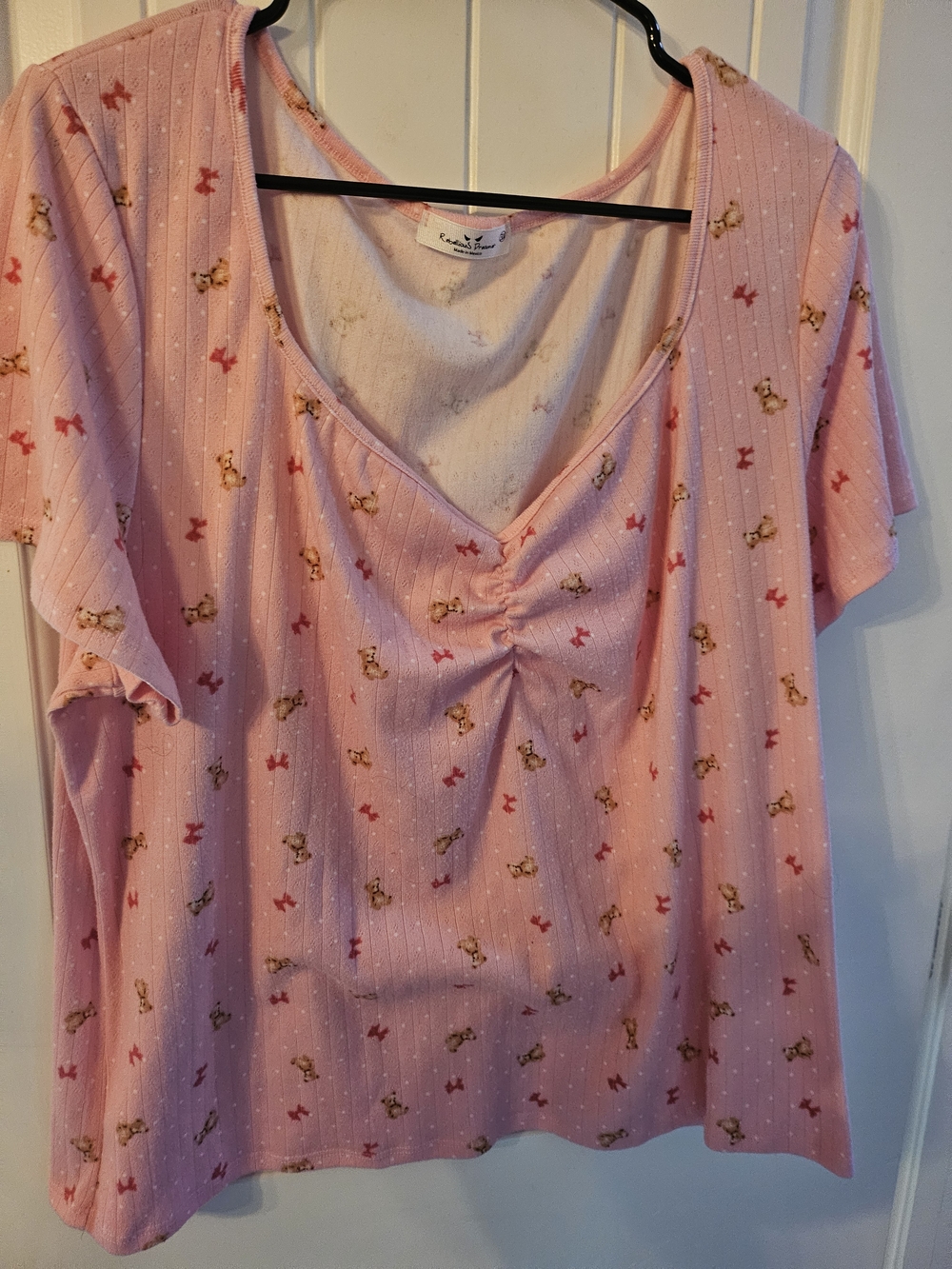 Pink Ruched V-Neck Tee with Bow & Bear Print